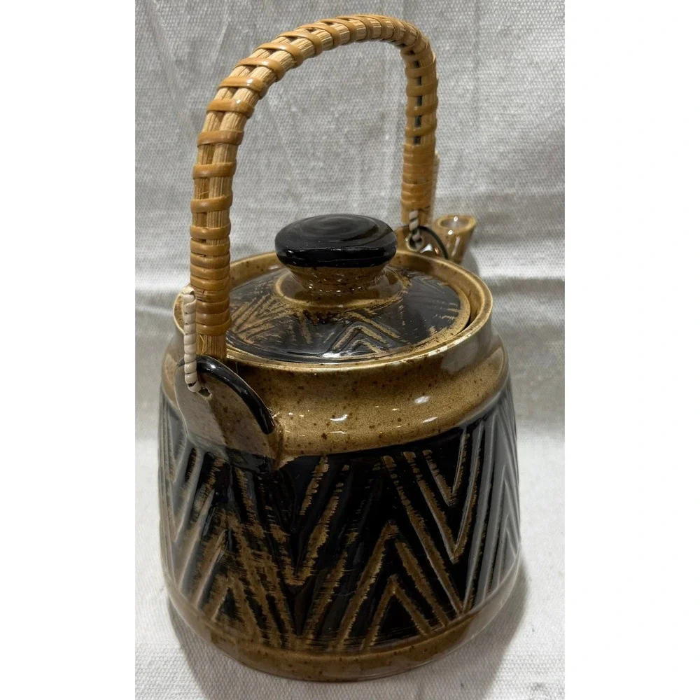 Vintage Japanese Ceramic Teapot Woven Bamboo Handle Brown Geometric MCM Japan